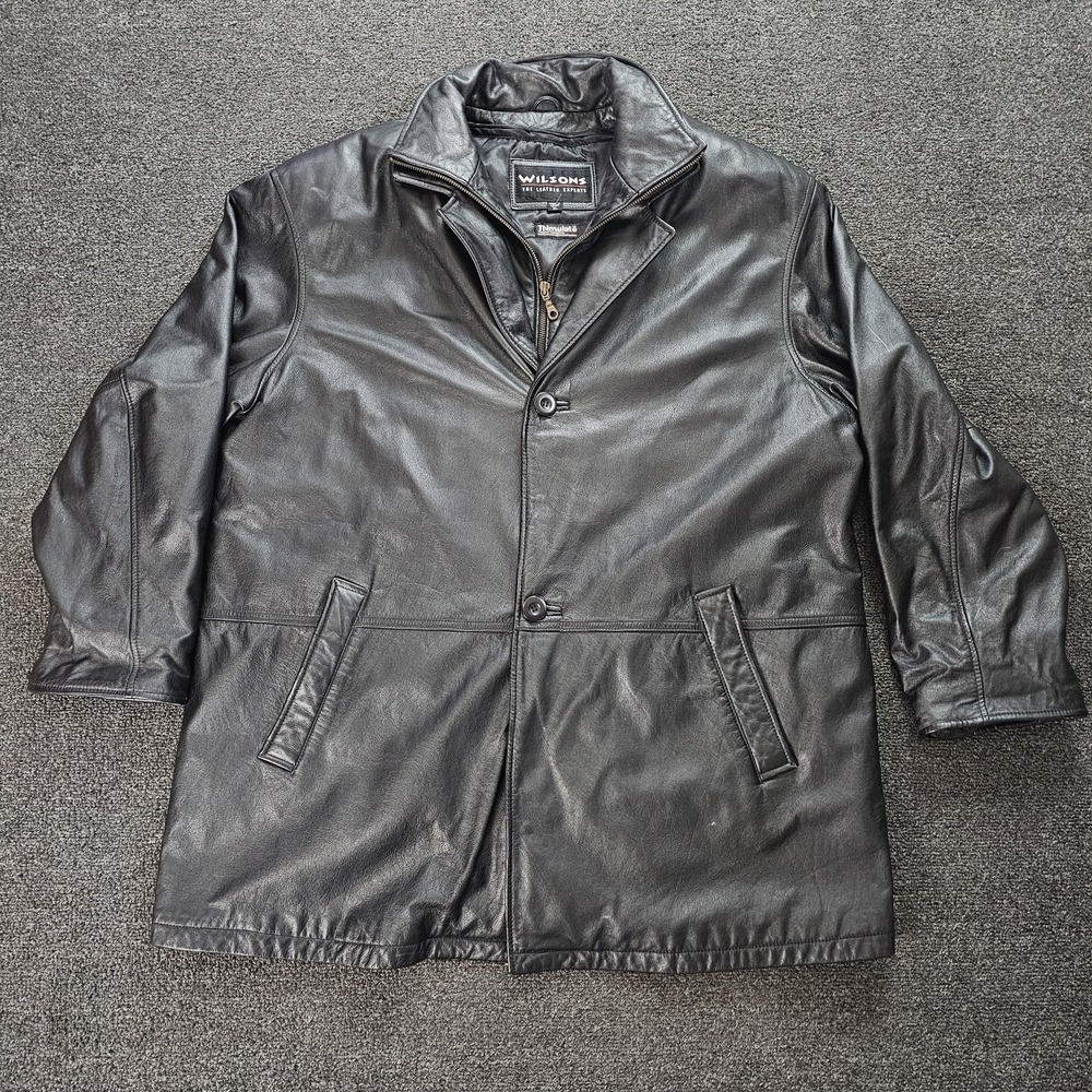 Wilsons Leather Coat Men XL Black Thinsulate Overcoat Quilted Lined Genuine Long